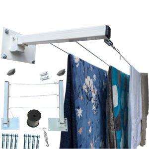 ONE SUPER PRACTIC Tendedero Plegable para Ropa y Cobijas Pesadas, Moderno y Elegante de Color Negro ó Blanco. (Cordón Poliéster, 3 líneas)