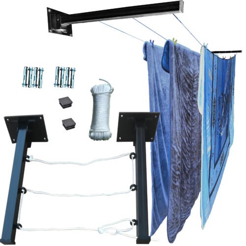 ONE SUPER PRACTIC Tendedero Plegable para Ropa y Cobijas Pesadas, Moderno y Elegante de Color Negro ó Blanco. (Cordón Poliéster, 3 líneas)