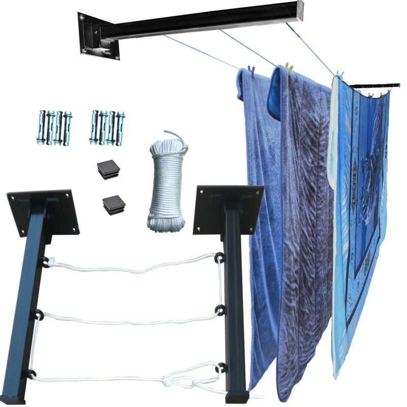 ONE SUPER PRACTIC Tendedero Plegable para Ropa y Cobijas Pesadas, Moderno y Elegante de Color Negro ó Blanco. (Cordón Poliéster, 3 líneas)