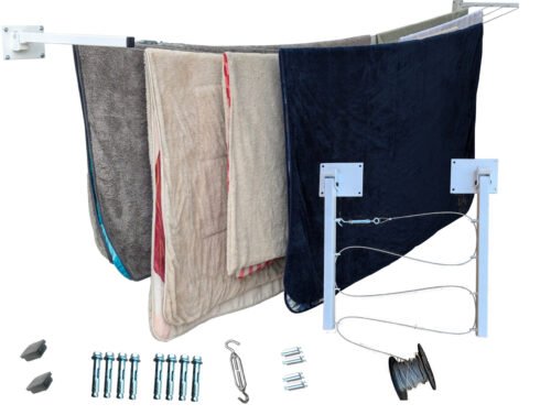 Tendedero Plegable para Ropa y Cobijas Pesadas, de Colores Blanco y Negro, Cable de Acero, 4 líneas