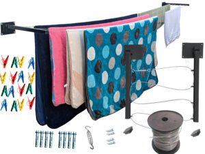 ONE SUPER PRACTIC Tendedero Plegable para Ropa y Cobijas Pesadas, Moderno y Elegante de Color Negro ó Blanco. (Cordón Poliéster, 3 líneas)