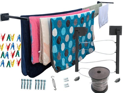 Tendedero Plegable para Ropa y Cobijas Pesadas, de Colores Blanco y Negro, Cable de Acero, 4 líneas