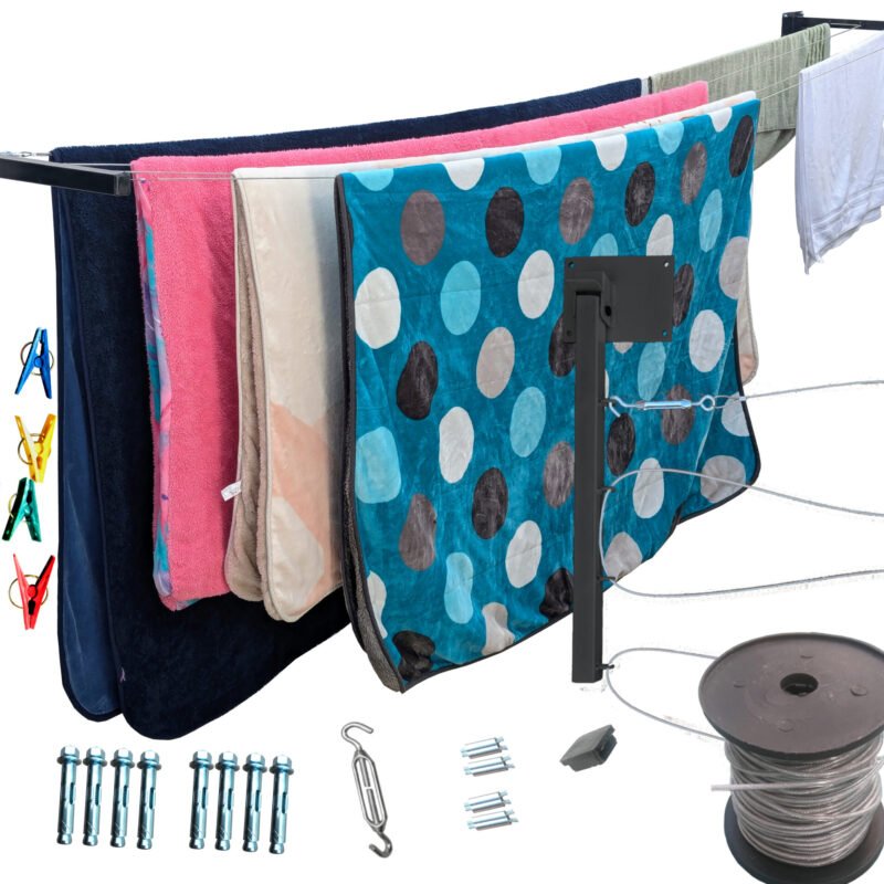Tendedero Plegable para Ropa y Cobijas Pesadas, de Colores Blanco y Negro, Cable de Acero, 4 líneas