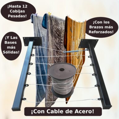 Tendedero Plegable para Ropa y Cobijas Pesadas, de Color Negro y Blanco. (Cable de Acero, 6 líneas)