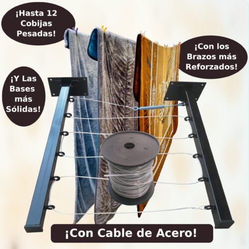 Tendedero Plegable para Ropa y Cobijas Pesadas, de Color Negro y Blanco. (Cable de Acero, 6 líneas)