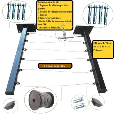 Tendedero Plegable para Ropa y Cobijas Pesadas, de Color Negro y Blanco. (Cable de Acero, 6 líneas)