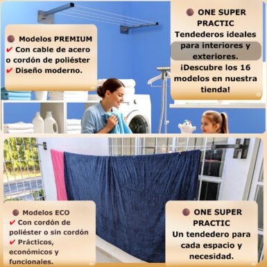ONE SUPER PRACTIC Tendedero Plegable para Ropa y Cobijas Pesadas, Moderno y Elegante de Color Negro o Blanco. (Cordón Poliéster, 4 líneas)