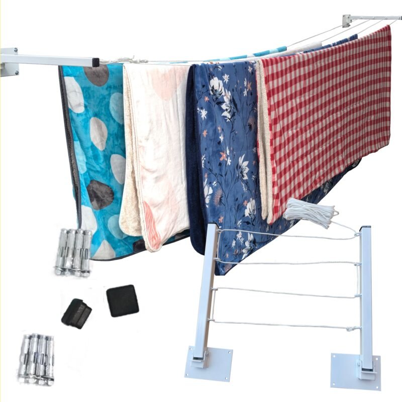 ONE SUPER PRACTIC Tendedero Plegable para Ropa y Cobijas Pesadas, Moderno y Elegante de Color Negro o Blanco. (Cordón Poliéster, 4 líneas)