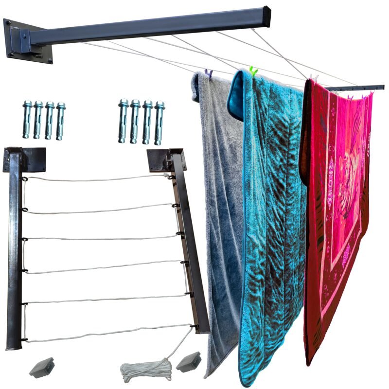 ONE SUPER PRACTIC Tendedero Plegable para Ropa y Cobijas Pesadas, Moderno y Elegante de Color Negro. (Cordón Poliéster, 6 líneas)