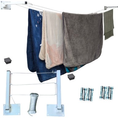 ONE SUPER PRACTIC Tendedero Plegable para Ropa y Cobijas Pesadas, Moderno y Elegante de Color Negro ó Blanco. (Cordón Poliéster, 3 líneas)