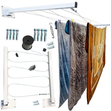 Tendedero Plegable para Ropa y Cobijas Pesadas, de Color Negro y Blanco. (Cable de Acero, 6 líneas)